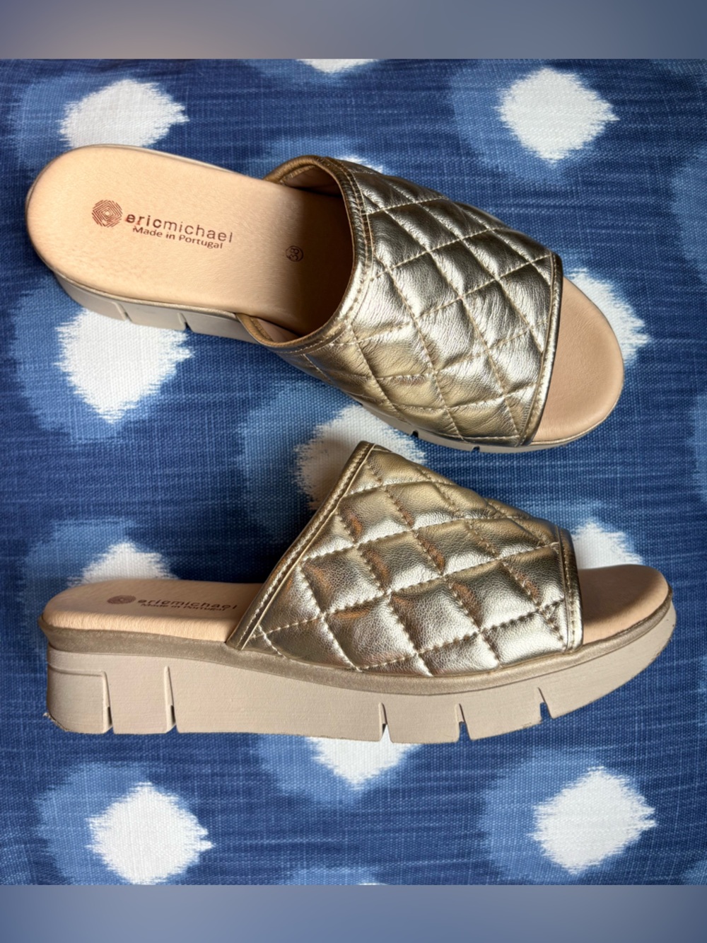 Eric Michael Quilted Metallic Gold Slide Sandals
